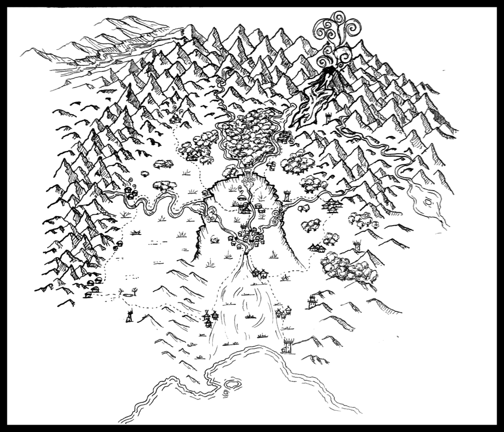 Map of a dried river basin with city in the center, ocean at bottom, and mountains on top, right and left. Map of the world of the Clanblades Series by R. K. Thorne
