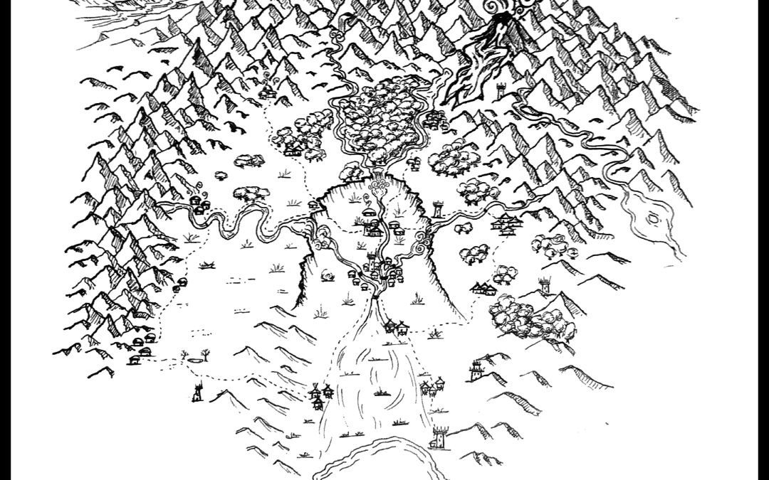 Map of a dried river basin with city in the center, ocean at bottom, and mountains on top, right and left. Map of the world of the Clanblades Series by R. K. Thorne