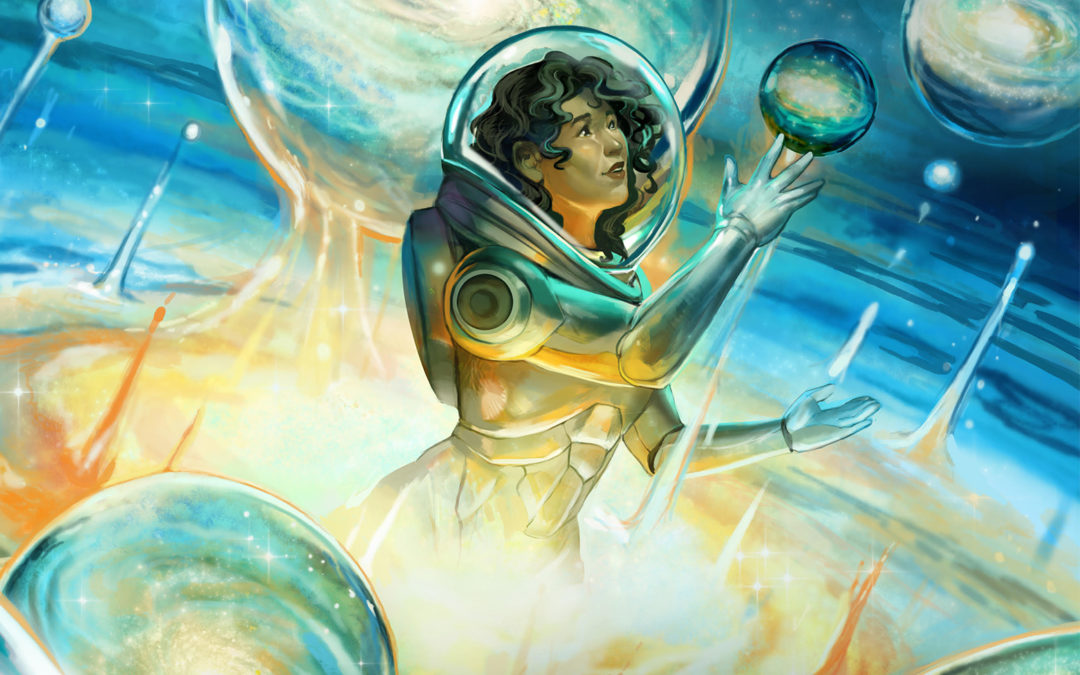 A woman in space, cover of the BEYOND THE STARS INFINITE EXPANSE anthology.