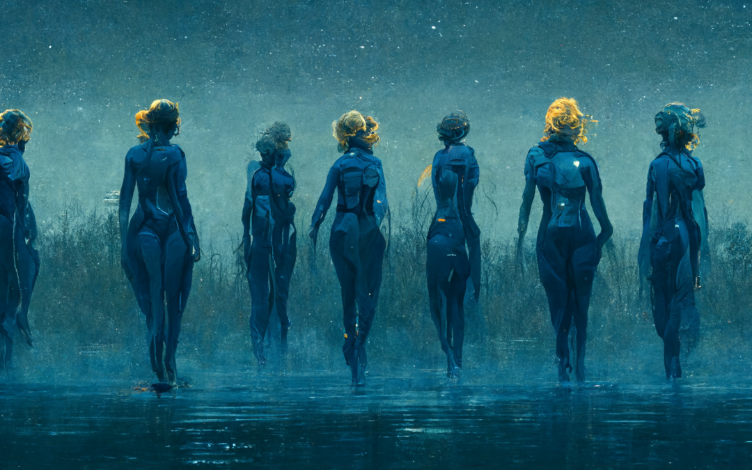 Creepy AI Generated Image of women-like figures standing in water, gloomy dark sci-fi setting