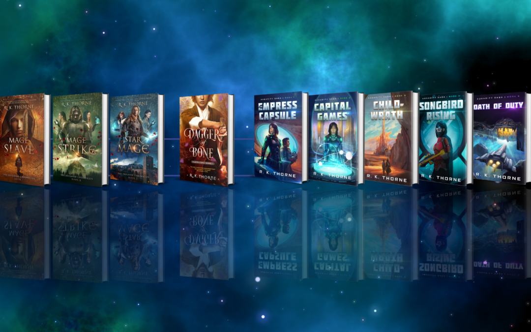 A line up of all of my book covers, floating in space