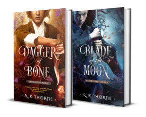 Covers of Dagger of Bone and Blade of the Moon side by side in perspective