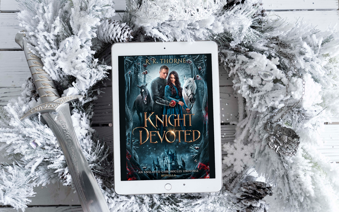 Knight Devoted cover on a white tablet with snow-covered items in the background