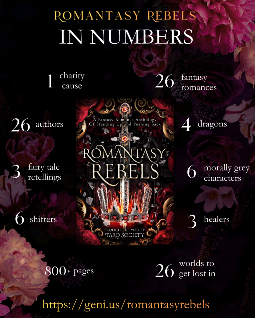 Romantasy Rebels Charity Anthology By the numbers with cover - 1 charity, 26 stories, 4 dragons, 6 morally grey characters, 3 healers, 3 fairy tale retellings, 6 shifters, 800 pages, 26 worlds to get lost in